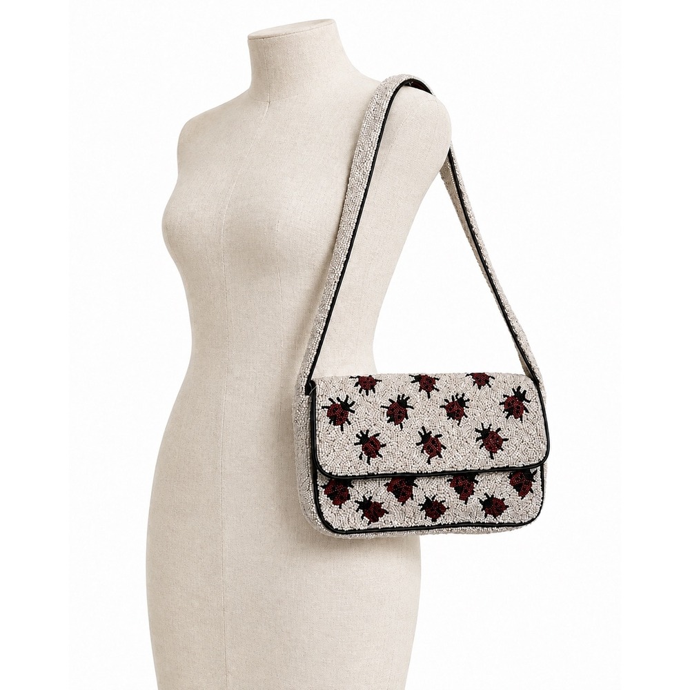 Handcrafted In India Ladybug Beaded Shoulder Bag Women Soft Pink Red Black Flap